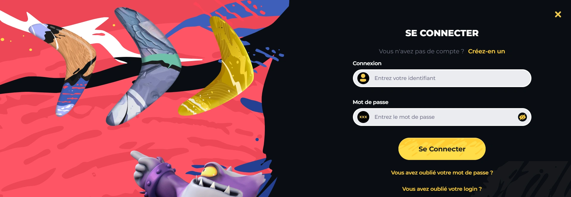 Page de connexion Boomerang Casino